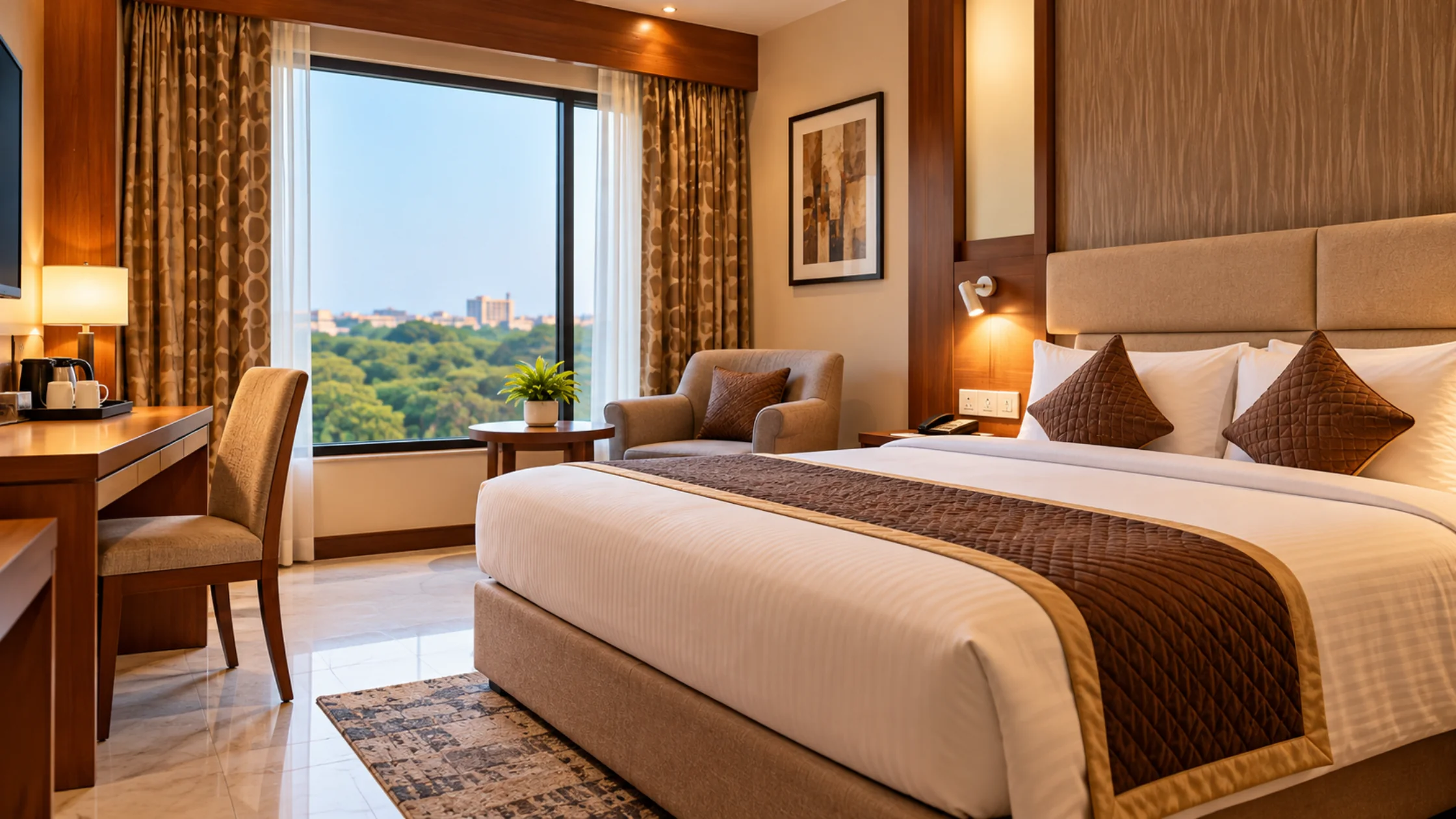 Comfortable hotel room with a king-size bed, large window, and cozy seating for travellers visiting Mysore attractions.